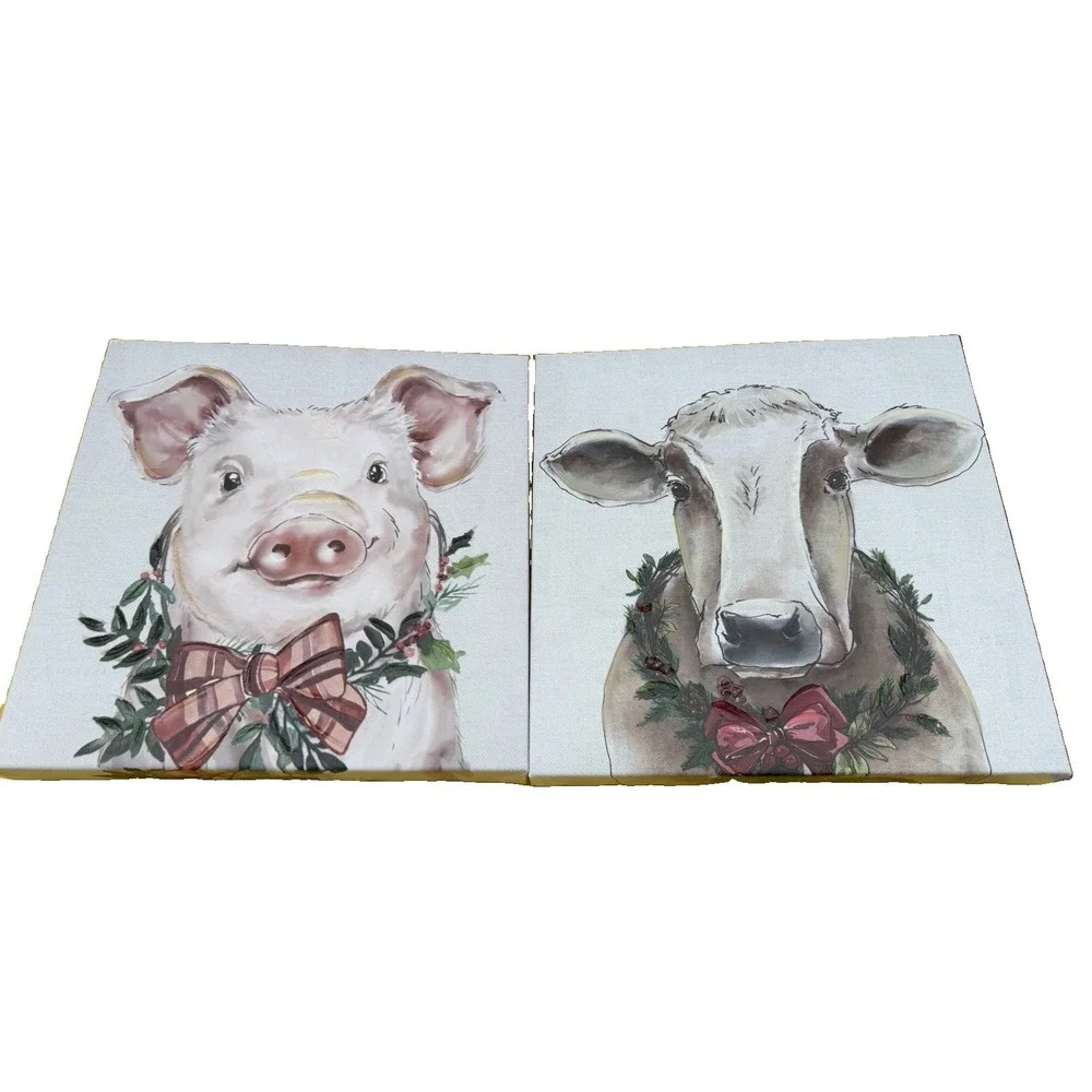 Christmas Pig Cow Wall Art Set of 2 Rustic Farmhouse Plaid Bow Wreath Holiday